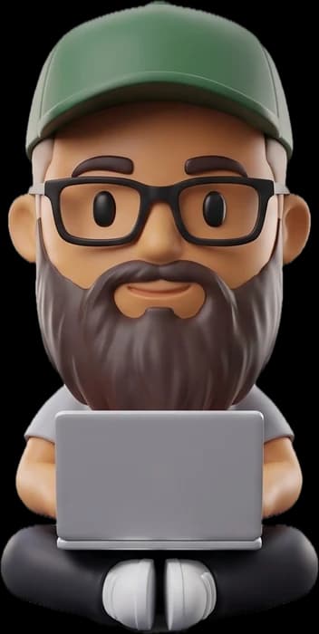 Mini Ibrahim, the 3D mascot: green cap, glasses, beard, sitting with a laptop open.